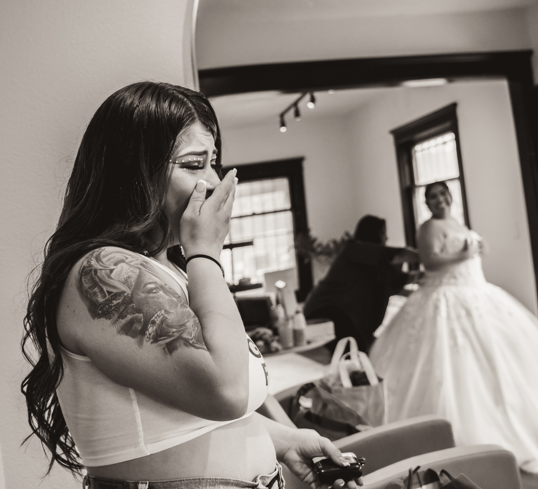 Emotional first look during wedding preparations